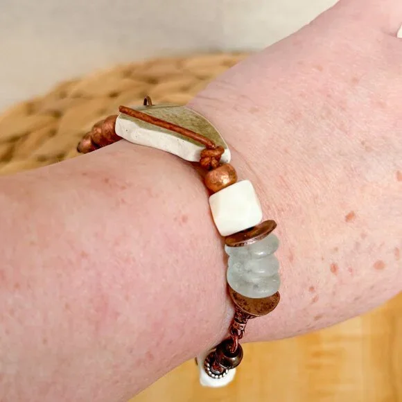 Chunky boho glass bead bracelet with copper charms - Picture 10 of 10
